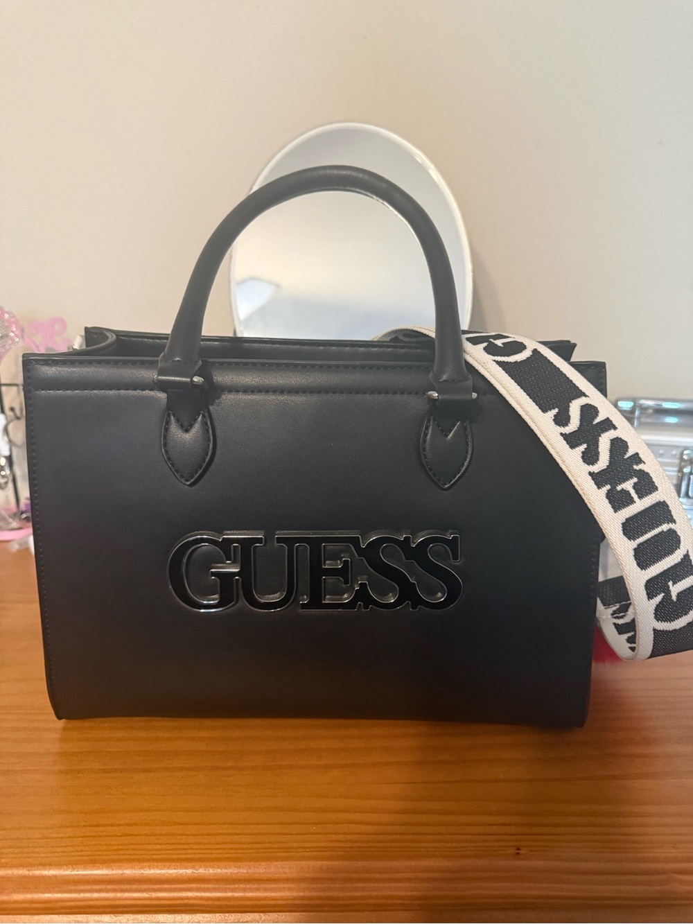 GUESS Black Satchel with White Logo Strap